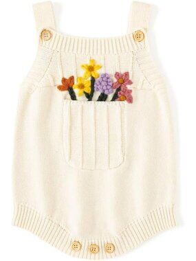 Adorable Baby Girl Knit Romper - Hand Crochet 3D Floral Design, 0-24M